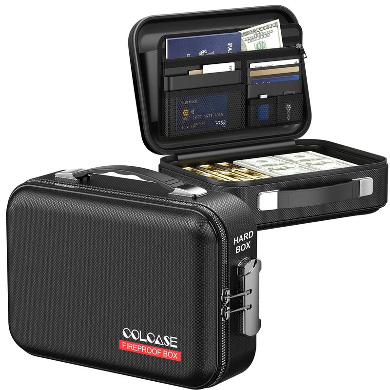 كولكيس صندوق نقود مقاوم للحريق من كولكيس مع قفل، صندوق صلب مقاوم للحريق بتصميم هيكل صلب مقاوم للحريق ومقاوم للماء، صندوق آمن محمول للنقود ومستندات A5 وجواز السفر والأشياء الثمينة، 11.3 × 8 × 4 بوصات أسود - Image 1