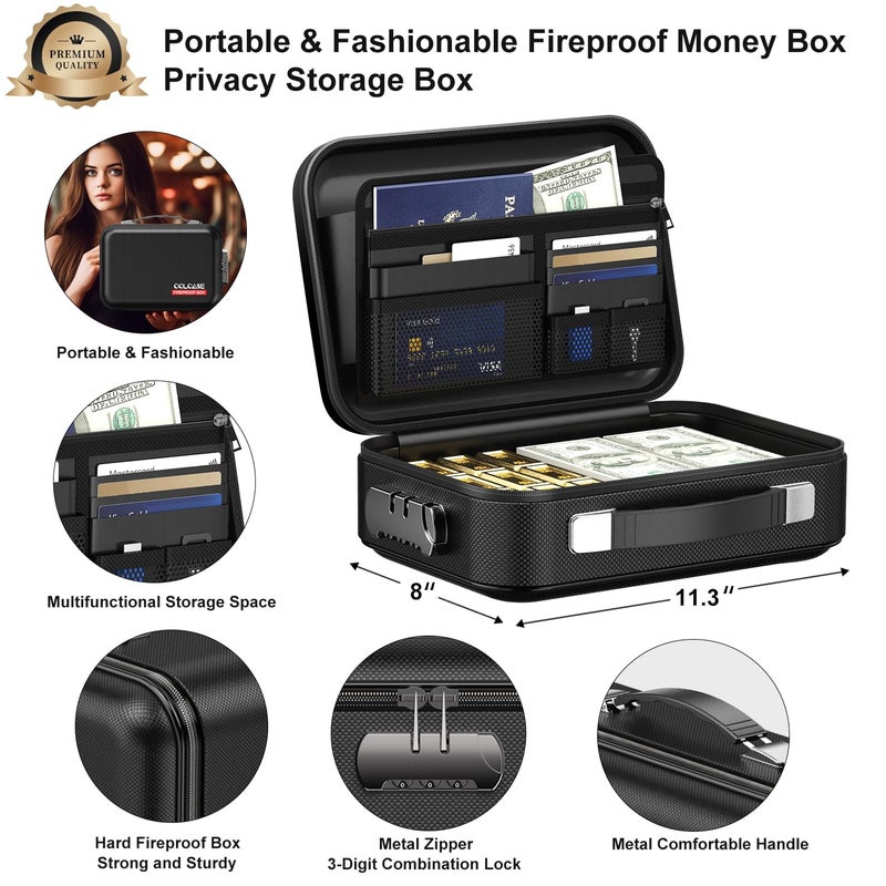 كولكيس صندوق نقود مقاوم للحريق من كولكيس مع قفل، صندوق صلب مقاوم للحريق بتصميم هيكل صلب مقاوم للحريق ومقاوم للماء، صندوق آمن محمول للنقود ومستندات A5 وجواز السفر والأشياء الثمينة، 11.3 × 8 × 4 بوصات أسود - Image 5