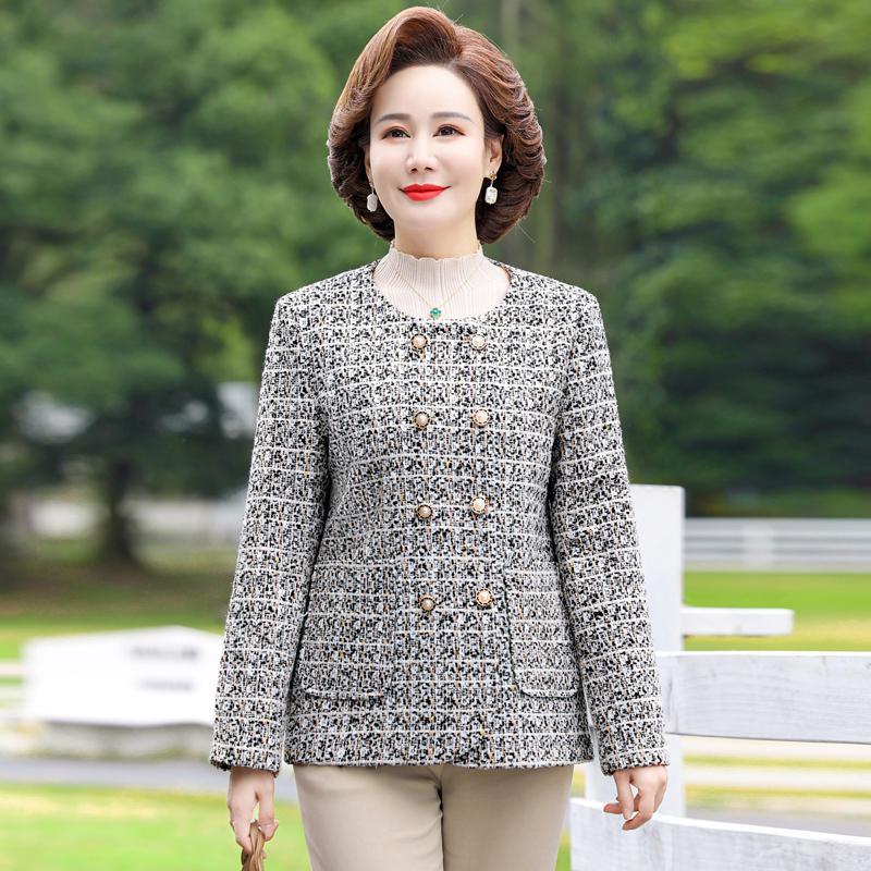 Foreign-style Mother Dress Small Chanel Style Large Size Woolen Jacket Middle-aged Womens Clothing Spring and Autumn Retro Short Suit Woolen Top Black - Image 1