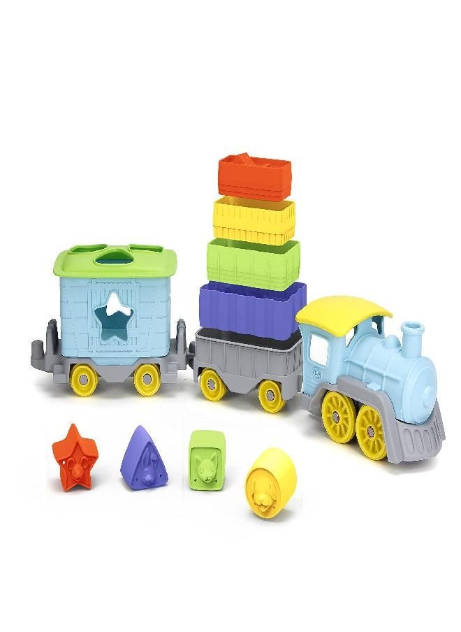 Green Toys Green Toys Stack & Sort Train, Blue - 12 Piece Pretend Play, Motor Skills, Kids Toy Vehicle Playset. No BPA, phthalates, PVC. Dishwasher Safe, Recycled Plastic, Made in USA.  - Image 2