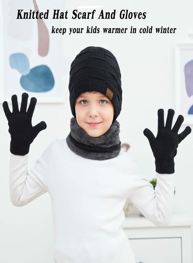 KMOLY Kids Winter Beanie Hat Scarf Touchscreen Gloves Set for Boys Girls 4-15 Years Warm Skull Cap Fleece Lined Knitted Hat (Black) - Image 3