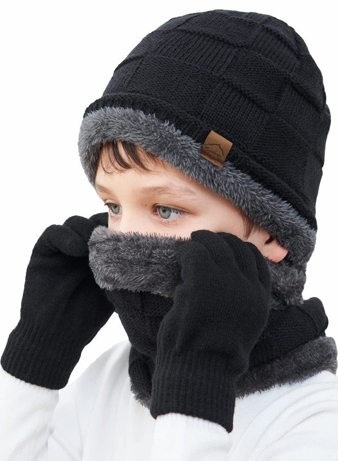 KMOLY Kids Winter Beanie Hat Scarf Touchscreen Gloves Set for Boys Girls 4-15 Years Warm Skull Cap Fleece Lined Knitted Hat (Black) - Image 1