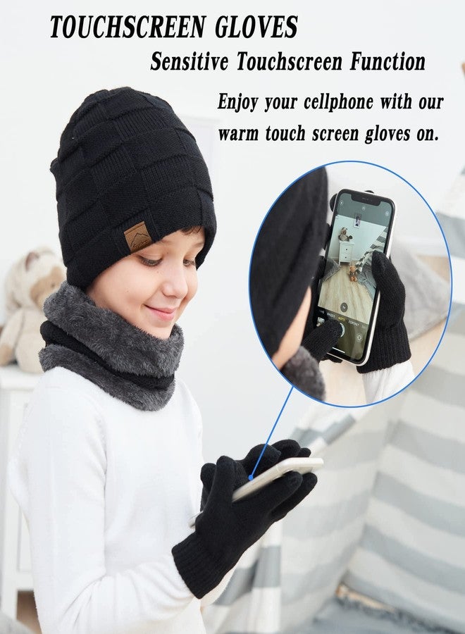KMOLY Kids Winter Beanie Hat Scarf Touchscreen Gloves Set for Boys Girls 4-15 Years Warm Skull Cap Fleece Lined Knitted Hat (Black) - Image 4