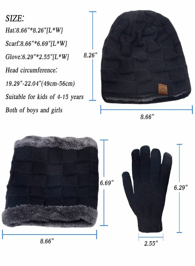 KMOLY Kids Winter Beanie Hat Scarf Touchscreen Gloves Set for Boys Girls 4-15 Years Warm Skull Cap Fleece Lined Knitted Hat (Black) - Image 5