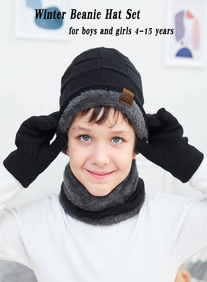 KMOLY Kids Winter Beanie Hat Scarf Touchscreen Gloves Set for Boys Girls 4-15 Years Warm Skull Cap Fleece Lined Knitted Hat (Black) - Image 2