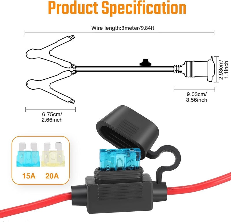 Thlevel Car Battery Crocodile Alligator Clips 3 Meter 16AWG Cigarette Lighter Extension Adapter Plug Socket Cable with 15A Fuse Protection for 12V 24V Tractor Boat Portable Inverter Compressors - Image 2
