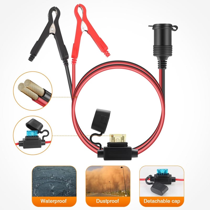 Thlevel Car Battery Crocodile Alligator Clips 3 Meter 16AWG Cigarette Lighter Extension Adapter Plug Socket Cable with 15A Fuse Protection for 12V 24V Tractor Boat Portable Inverter Compressors - Image 3