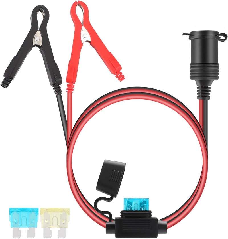 Thlevel Car Battery Crocodile Alligator Clips 3 Meter 16AWG Cigarette Lighter Extension Adapter Plug Socket Cable with 15A Fuse Protection for 12V 24V Tractor Boat Portable Inverter Compressors - Image 1