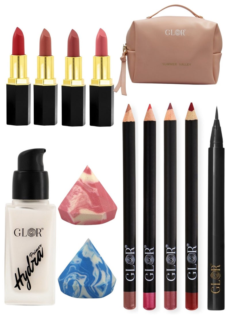 GLOR Glor Endless Charm Lipstick 4 Shades – Intense Long-Lasting Color, Luxurious Moisture, Ultra-Creamy Formula for Beautiful Lips  +   Glor Endless Charm Ultimate Precision Lip Liner - 4 Shades –Vegan, Allergen-Free, Long-Lasting Lip Definition +  Glor Face & Eye Hydration Primer  + Glor Precision Eyeliner +  Cosmetics Bag +  Beauty Blender  - Image 1