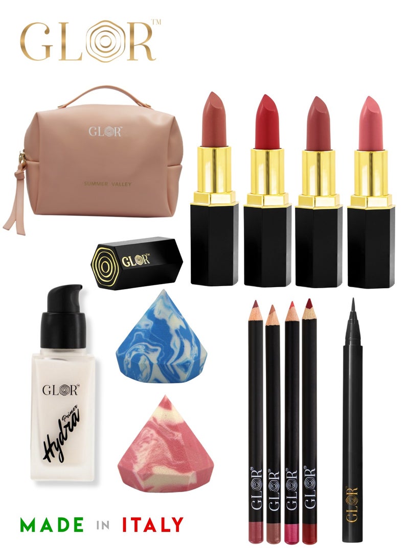 Glor Endless Charm Lipstick 4 Shades – Intense Long-Lasting Color, Luxurious Moisture, Ultra-Creamy Formula for Beautiful Lips  +   Glor Endless Charm Ultimate Precision Lip Liner - 4 Shades –Vegan, Allergen-Free, Long-Lasting Lip Definition +  Glor Face & Eye Hydration Primer  + Glor Precision Eyeliner +  Cosmetics Bag +  Beauty Blender - Image 1