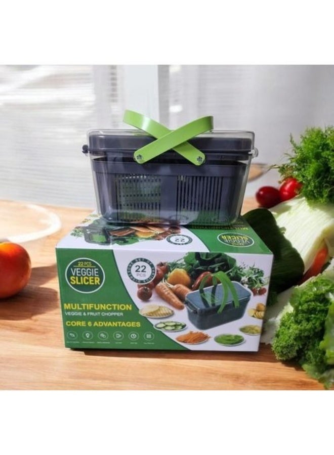 22-Piece Multifunctional Vegetable Fruit Chopper Slicer Grater Set with Drain Basket, Green/Grey - Image 1