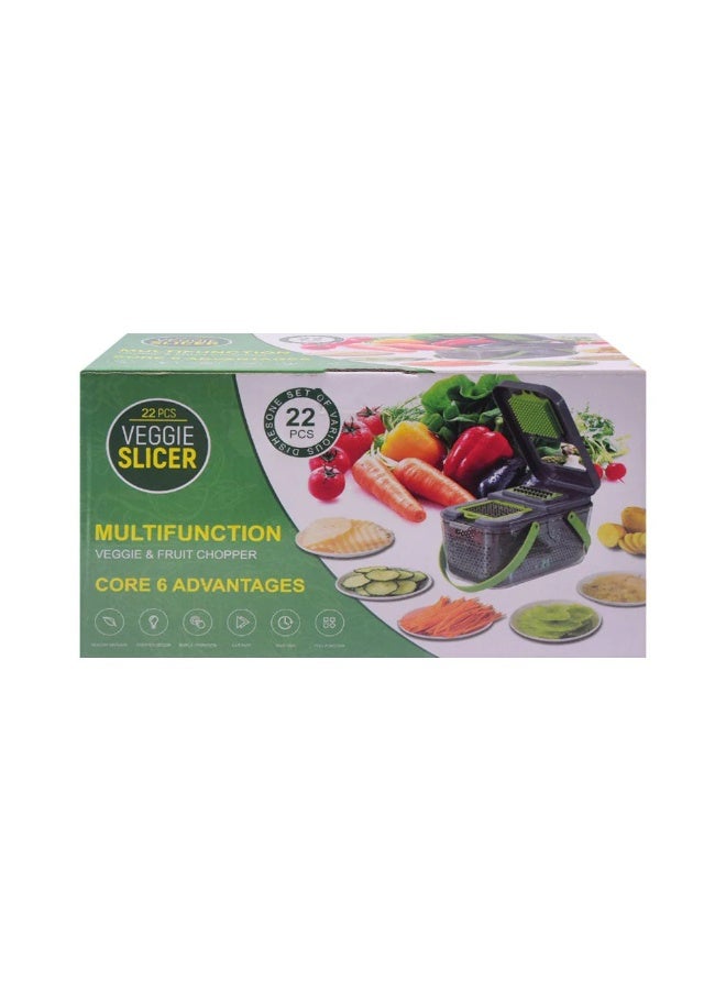 22-Piece Multifunctional Vegetable Fruit Chopper Slicer Grater Set with Drain Basket, Green/Grey - Image 3