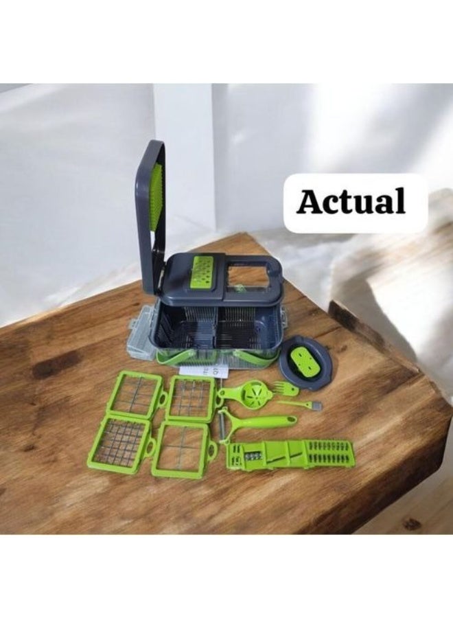22-Piece Multifunctional Vegetable Fruit Chopper Slicer Grater Set with Drain Basket, Green/Grey - Image 2