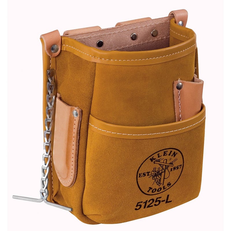 Klein Tools 5125L All Leather 5Pocket Tool Pouch with Chain Tape Thong and Tunnel Belt Connection