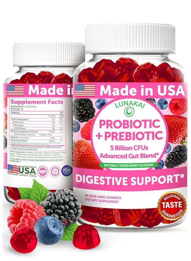 Lunakai USA Made Prebiotic + Probiotic Gummies for Women and Men - High Potency 5 Billion CFUs with Fibers - Non-GMO Gut Health Support 60ct - Image 1