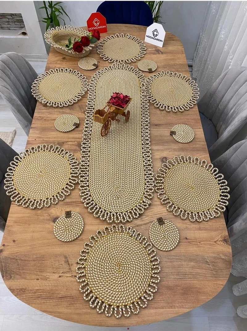 BDZ Deri BDZ Leather Jute Wicker American Service Supla Runner Basket and Cup Holder 14 Pieces