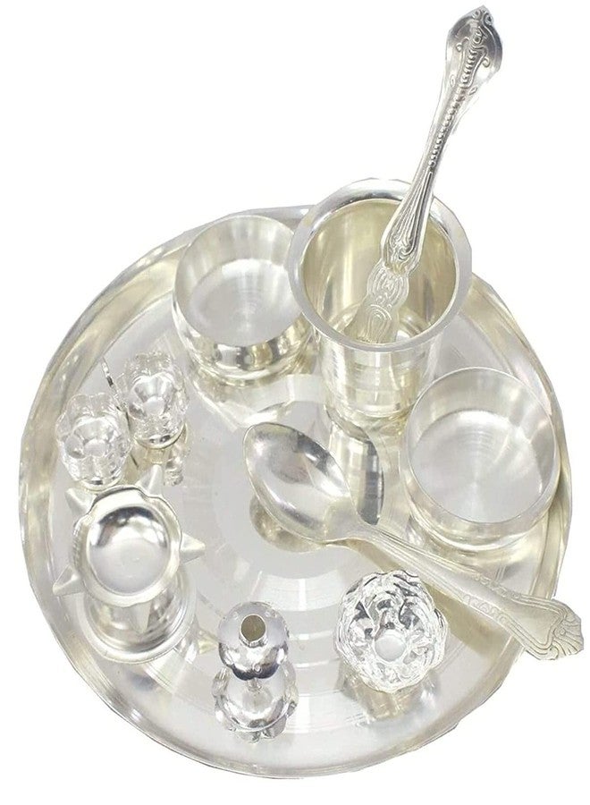 NOBILITY Pooja Thali Set Silver Plated 8 Inch Puja Thali for Diwali Decoration Gift Items Festival Ethnic Puja Thali for Temple Office Home Wedding Return Gifts - Image 1