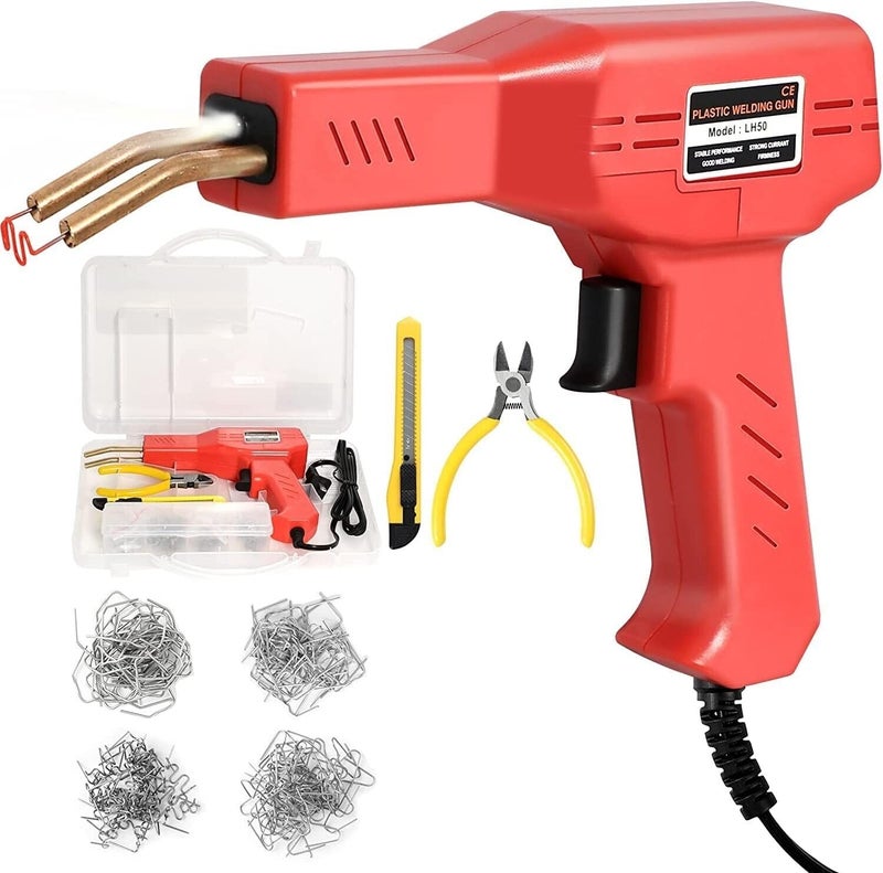 AZRMOH 50W Plastic Welding Machine Car Bumper Crack Repair Hot Stapler Kit, Hot Stapler Heating Plastic Welding Repairing Gun Welder Machine with Four Types of Staples (50W RED) - Image 1