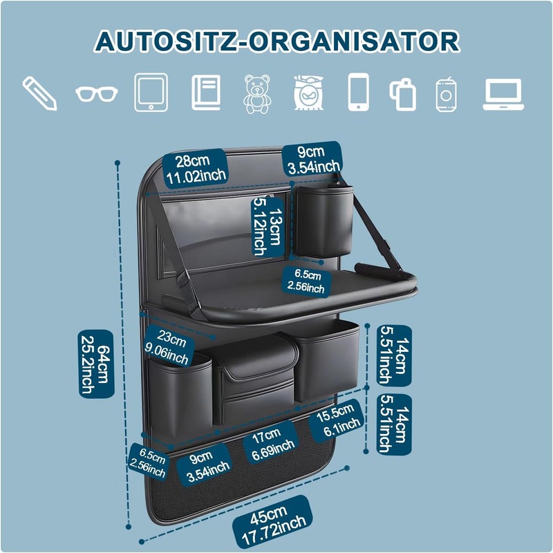 VEHIRIE 3-in-1 Car Organiser with Folding Table & Seat Protector - Black - Image 2