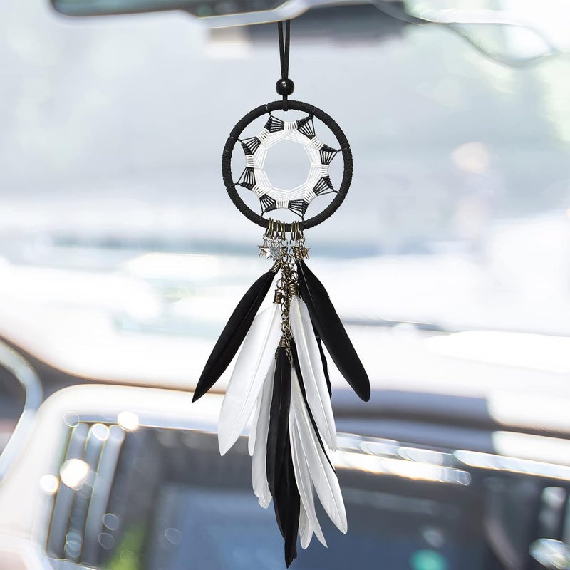 Alynsehom Dream Catcher Car Interior Rearview Mirror Hanging Decor Handmade Grids Nature Feather Small Boho Car Charms Pendant Accessories (Black and White) - Image 1