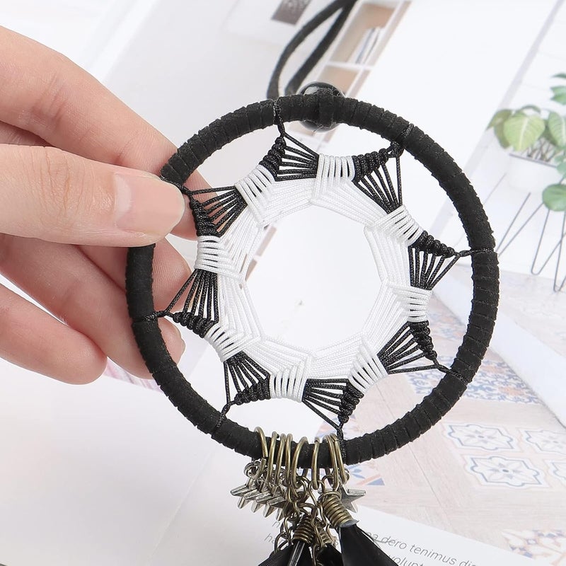 Alynsehom Dream Catcher Car Interior Rearview Mirror Hanging Decor Handmade Grids Nature Feather Small Boho Car Charms Pendant Accessories (Black and White) - Image 5