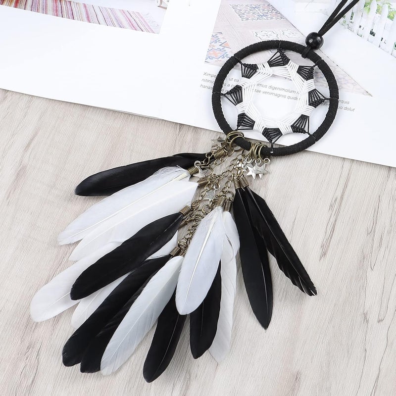 Alynsehom Dream Catcher Car Interior Rearview Mirror Hanging Decor Handmade Grids Nature Feather Small Boho Car Charms Pendant Accessories (Black and White) - Image 2