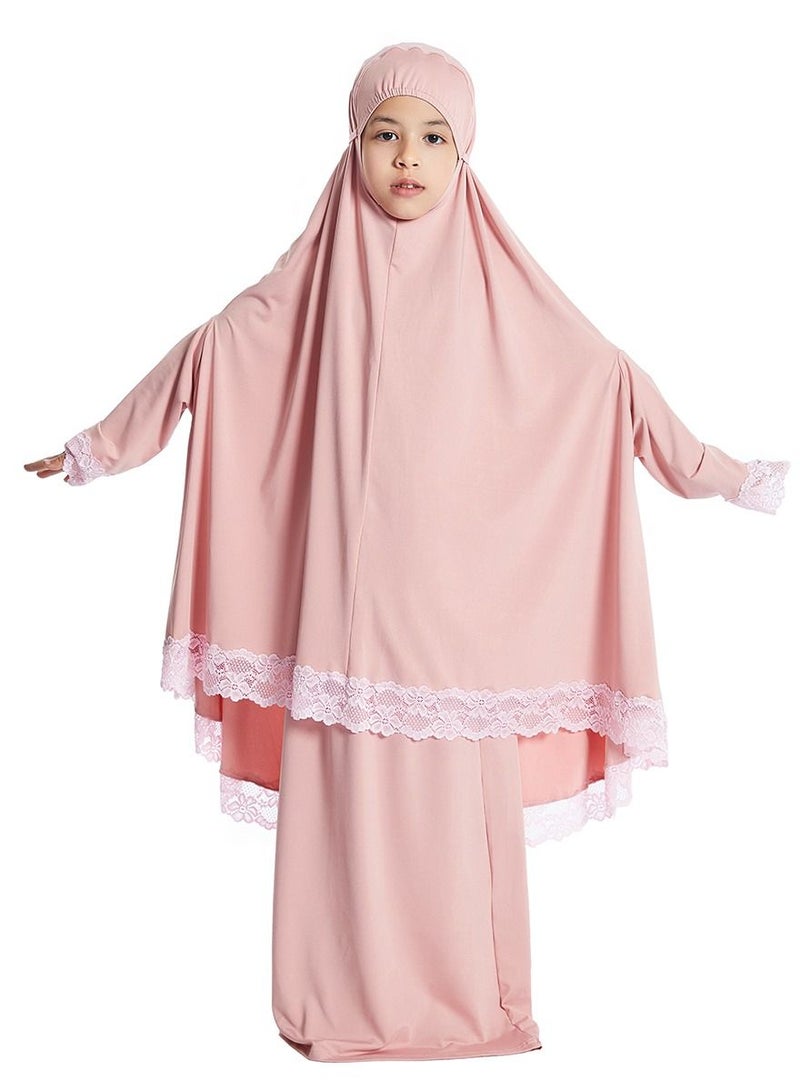 Loquat Girl's 2-Piece Clothing Set Batwing Sleeve Hooded top Abaya and half skirt Dress Dusty Pink  - Image 1