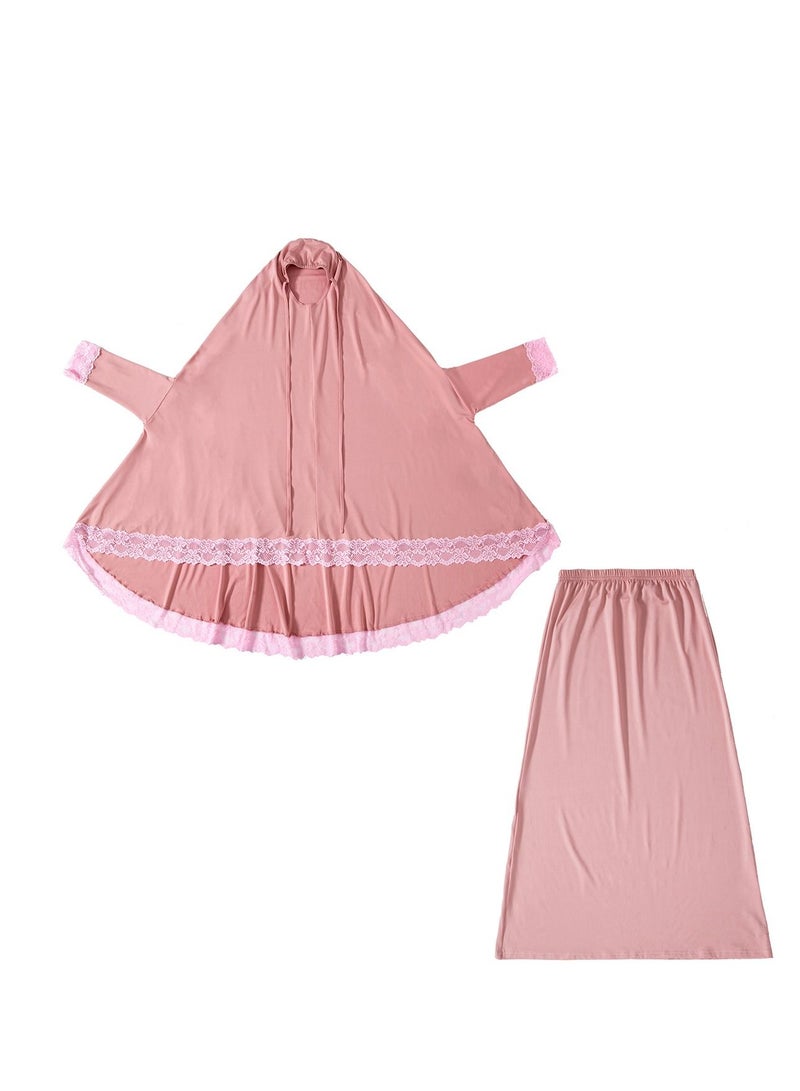 Loquat Girl's 2-Piece Clothing Set Batwing Sleeve Hooded top Abaya and half skirt Dress Dusty Pink  - Image 3