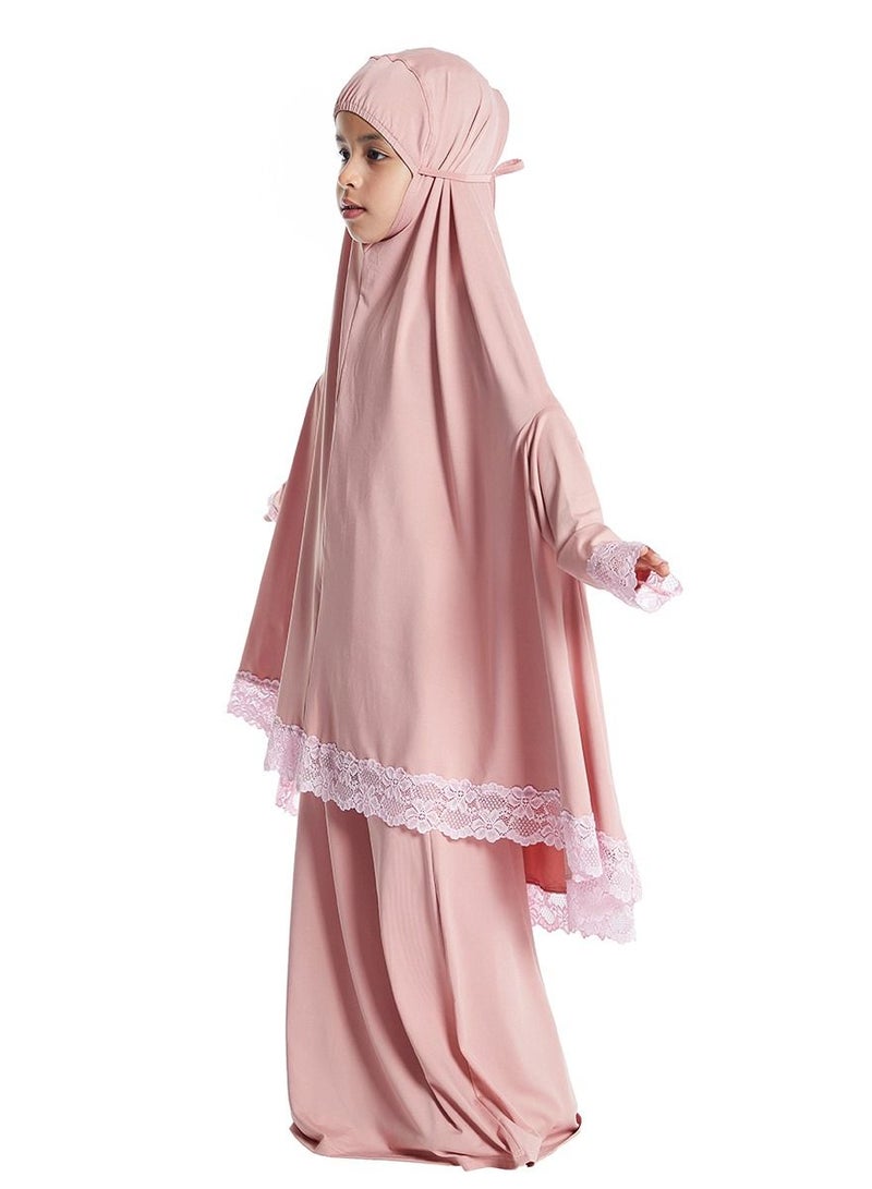 Loquat Girl's 2-Piece Clothing Set Batwing Sleeve Hooded top Abaya and half skirt Dress Dusty Pink  - Image 2