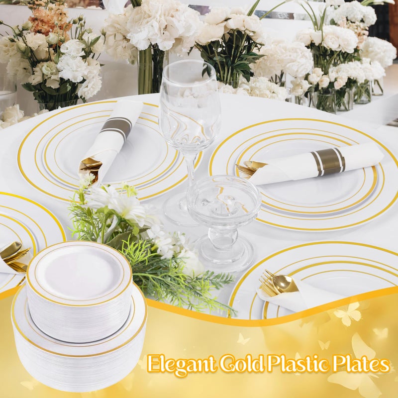 WDF 120 pieces Gold Disposable Plastic Plates - White and Gold Plates Include 10.25"" Dinner Plates & 7.5"" Salad Plates for Weddings and Party - Image 3
