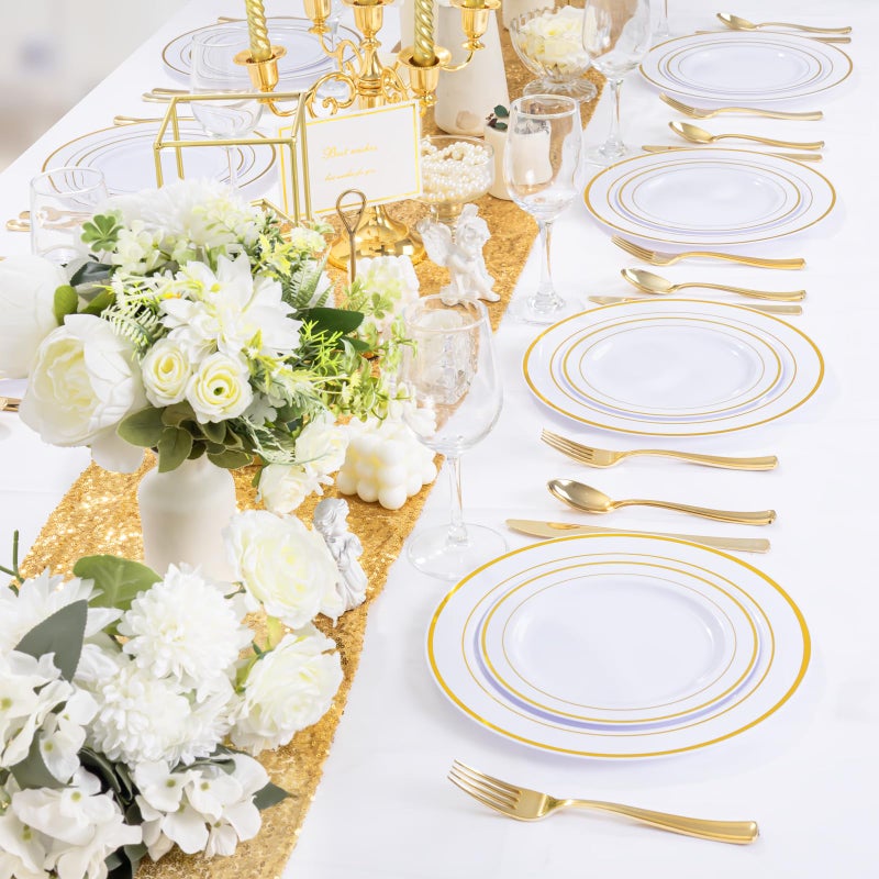 WDF 120 pieces Gold Disposable Plastic Plates - White and Gold Plates Include 10.25"" Dinner Plates & 7.5"" Salad Plates for Weddings and Party - Image 5