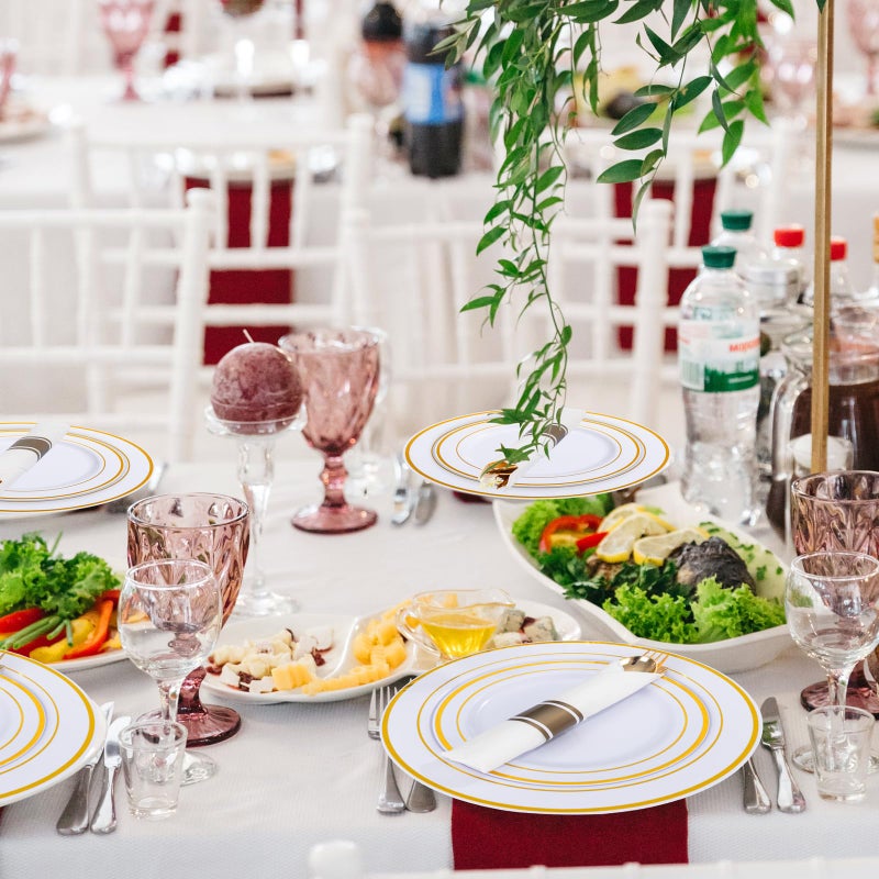 WDF 120 pieces Gold Disposable Plastic Plates - White and Gold Plates Include 10.25"" Dinner Plates & 7.5"" Salad Plates for Weddings and Party - Image 2