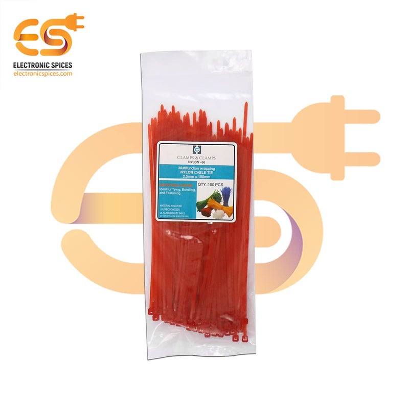 Electronic Spices 25mm X 100mm Red Color Multipurpose Self Locking Nylon 66 Industrial Grade Cable Tie Pack of 100pcs