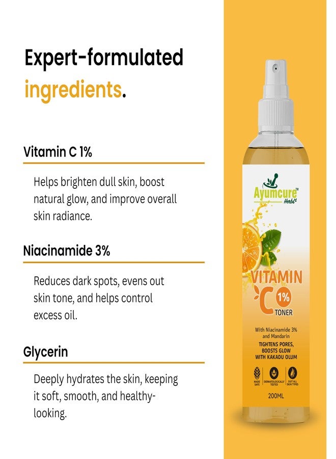 Ayumcure Vitamin C 1% Toner with 3% Niacinamide & Mandarin | Skin Brightening, Pore Tightening & Hydrating Face Toner | With Kakadu Plum | For All Skin Types | 200ml | For Men & Women - Image 4