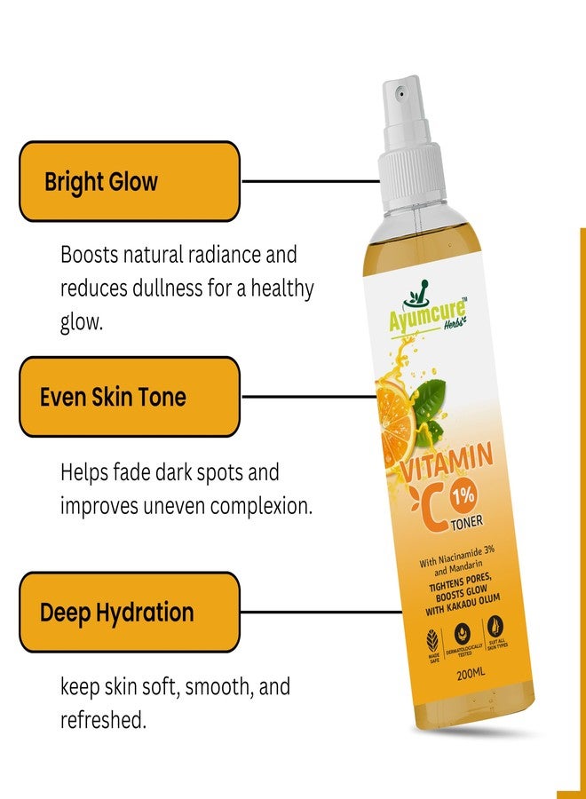 Ayumcure Vitamin C 1% Toner with 3% Niacinamide & Mandarin | Skin Brightening, Pore Tightening & Hydrating Face Toner | With Kakadu Plum | For All Skin Types | 200ml | For Men & Women - Image 2