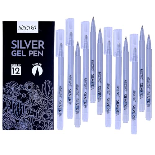 BRUSTRO Silver Gel Pen|Pack of 12-1mm Metal Tip,Opaque and Viscous Ink|Ideal For Drawing,Writing,Highlighting,Doodling,Scrapbooking,Mandala Art,Illustration,Fine Art Students and Professionals - Image 1