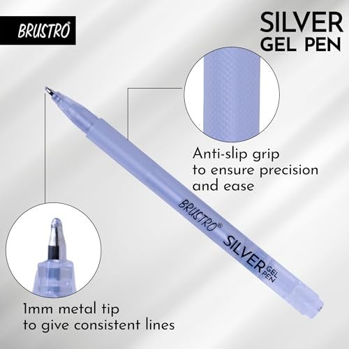BRUSTRO Silver Gel Pen|Pack of 12-1mm Metal Tip,Opaque and Viscous Ink|Ideal For Drawing,Writing,Highlighting,Doodling,Scrapbooking,Mandala Art,Illustration,Fine Art Students and Professionals - Image 3