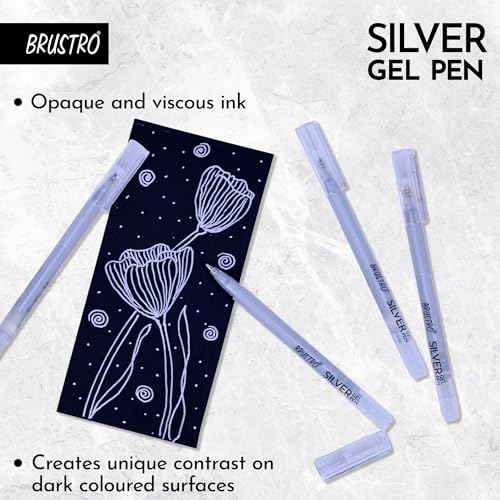BRUSTRO Silver Gel Pen|Pack of 12-1mm Metal Tip,Opaque and Viscous Ink|Ideal For Drawing,Writing,Highlighting,Doodling,Scrapbooking,Mandala Art,Illustration,Fine Art Students and Professionals - Image 5