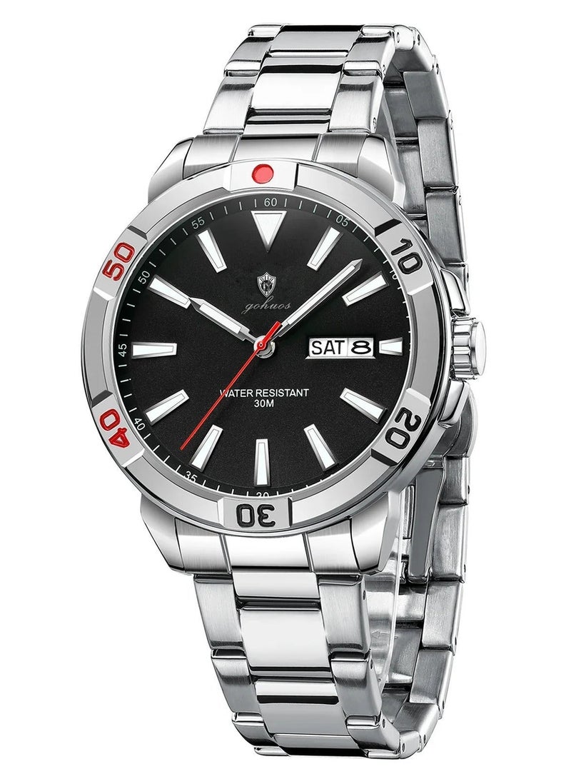 GOHUOS Men's Quartz Wrist Watch Top Brand Luxury Classic Week Date Display Luminous Waterproof Stainless Steel Band Simple Sports - 43mm - Image 3