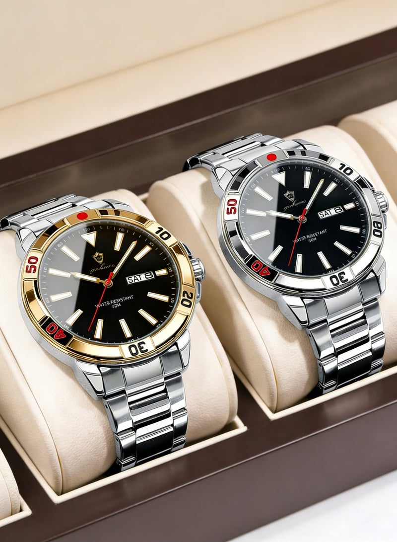 GOHUOS Men's Quartz Wrist Watch Top Brand Luxury Classic Week Date Display Luminous Waterproof Stainless Steel Band Simple Sports - 43mm - Image 1