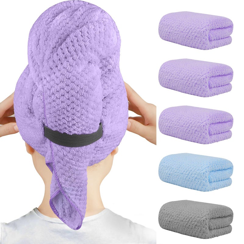 HOMEXCEL 5 Pack Microfiber Hair Towels 40 x 20 inches Super Soft Fast Drying Turbans for Long Thick Curly Hair Anti Frizz Wrap with Elastic Strap PurpleBlueGrey - Image 2