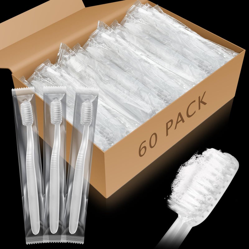 Tioncy 60 Pack Prepasted Disposable Toothbrushes Individually Wrapped Pre Pasted Toothbrushes Soft Bristle Travel Tooth Brush Single Use Wrapped for Hotel Camping Travel and Gift for The Homeless