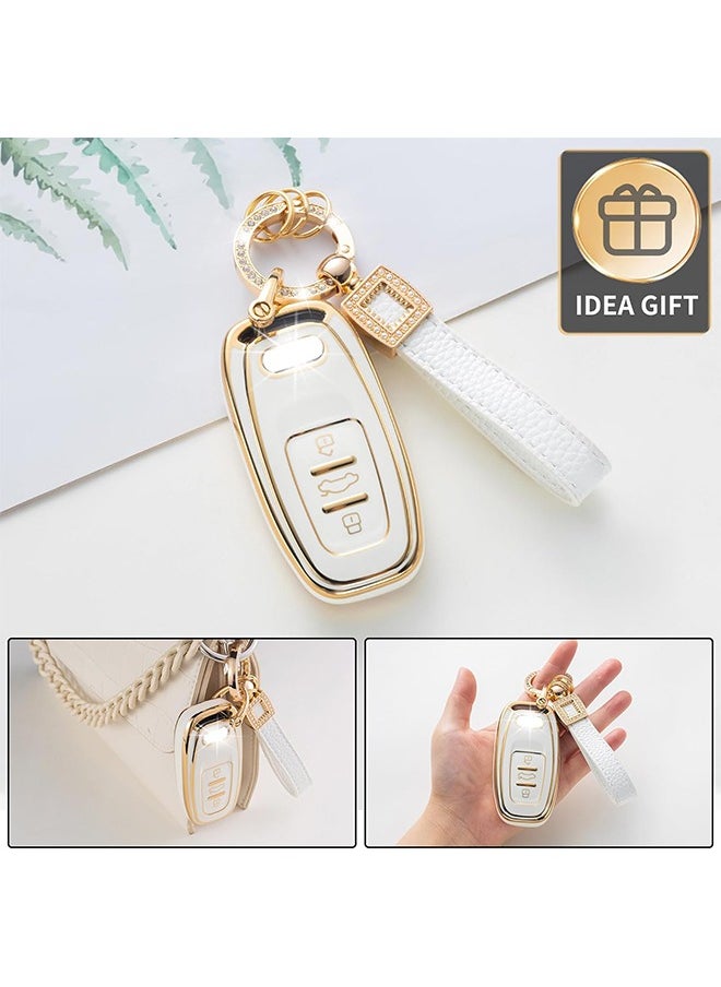 HY - Soft TPU Smart Remote Car Key FOB Cover Holder Case Fit for Audi Key Fob Cover with Leather Lanyard, Car Key Fob Case Compatible with R8 Q5 Q7 S3 S4 S5 S6 S7 S8 SQ5 RS5 RS7 A4 A5 A6 A7 A8 (White) - Image 1