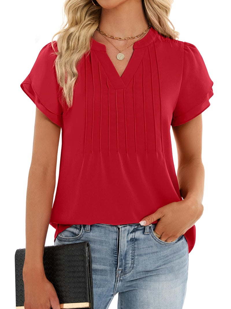 Funlingo Womens Tops Dressy Casual 2026 Short Petal Sleeve Tunic Blouses Spring V Neck Loose Flowy Dress Shirt Elegant Clothes Red M - Image 2