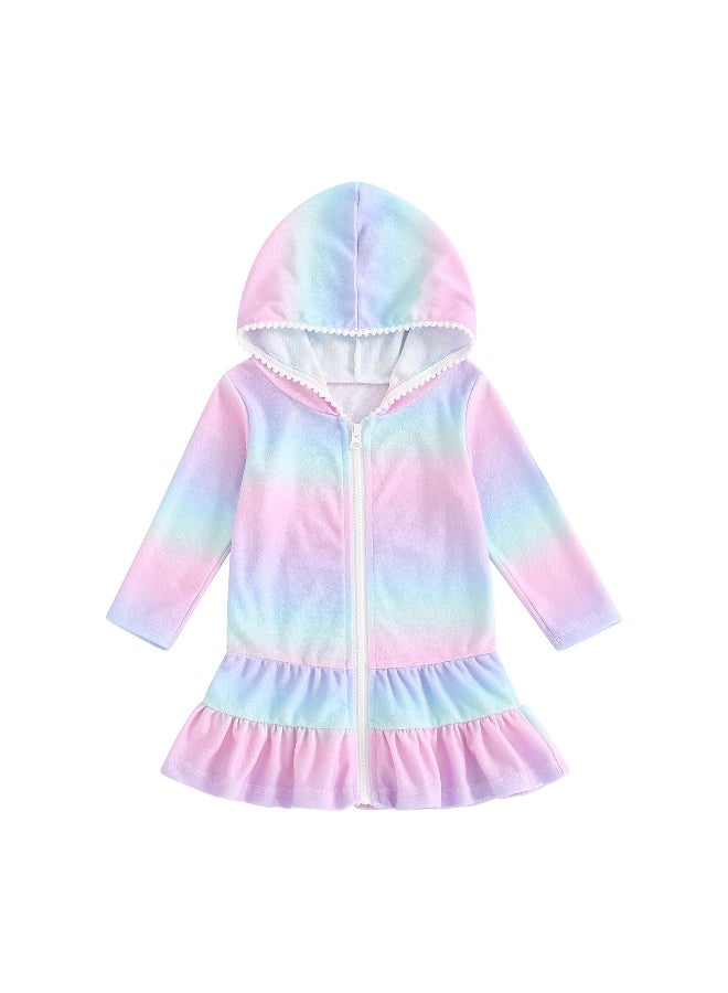 Kids Girls Swimsuit Cover up Rainbow Print Zipper Long Sleeves Hoodie Dress Rash Guards for Toddler Bathing Suit