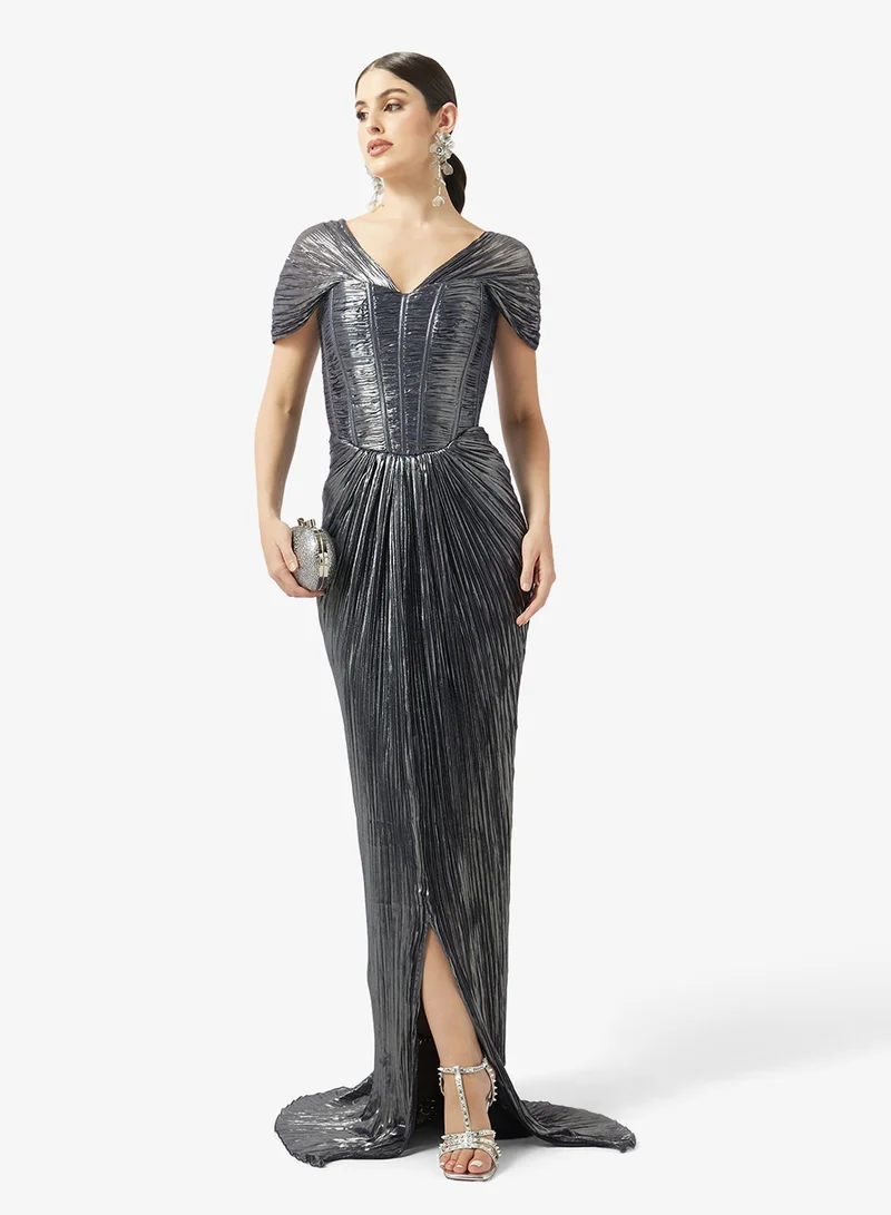 Metallic Pleated Corset Maxi Dress with Front Slit
