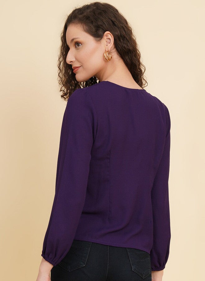 RAASSIO Purple Cuffed Sleeves Empire Top for Women - Image 5