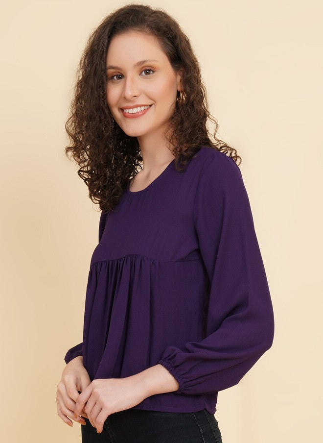 RAASSIO Purple Cuffed Sleeves Empire Top for Women - Image 4