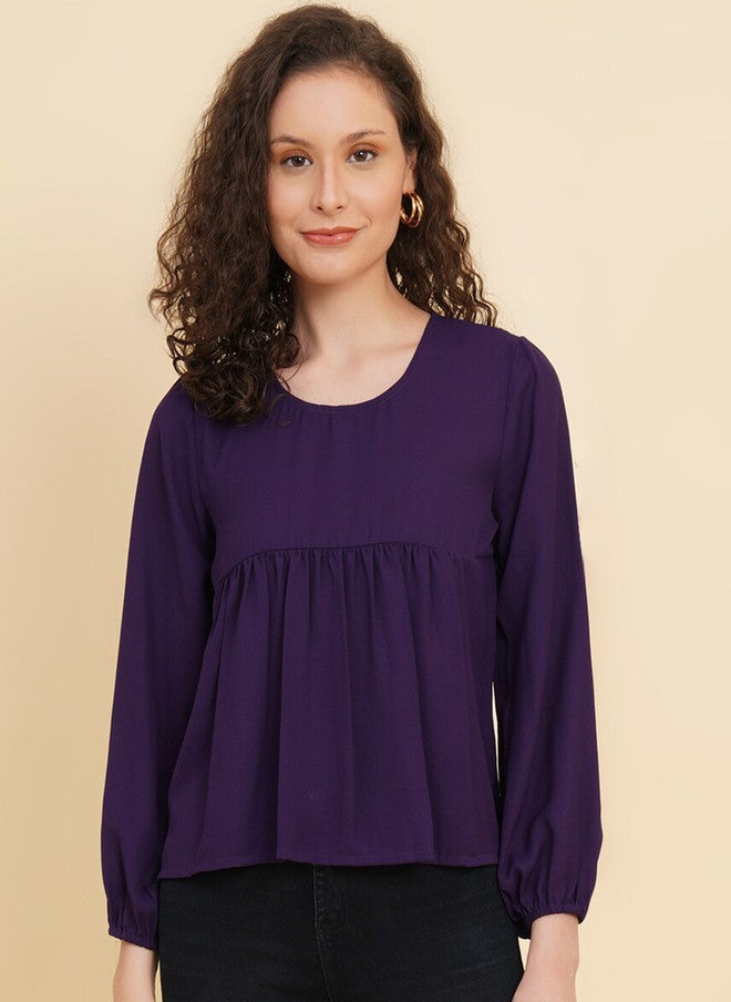 RAASSIO Purple Cuffed Sleeves Empire Top for Women - Image 1