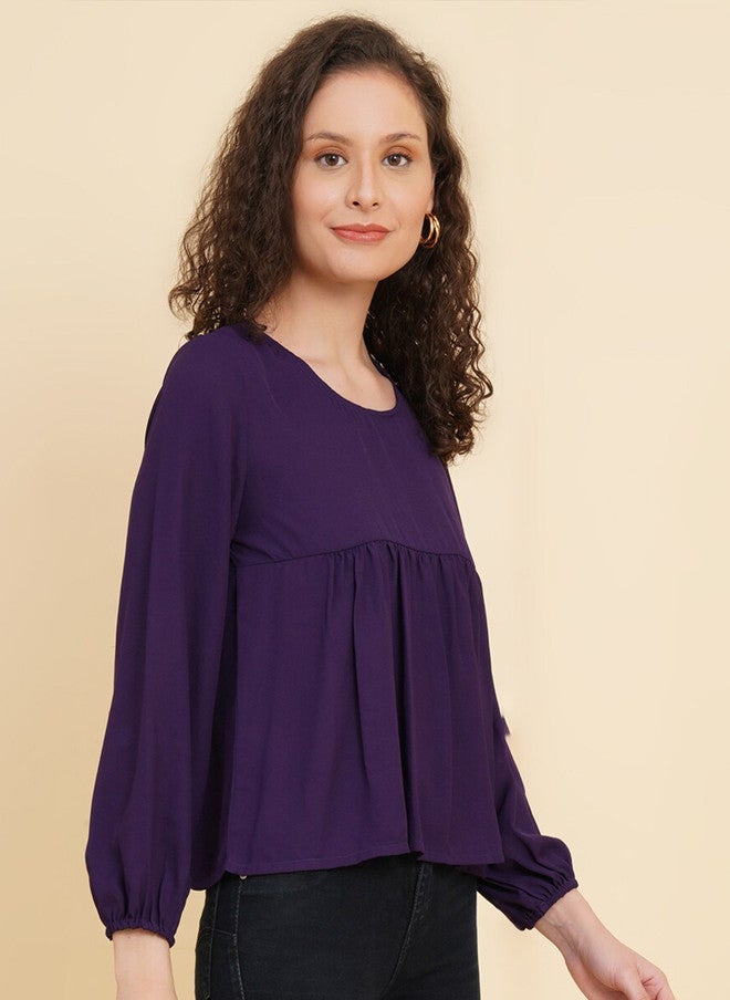 RAASSIO Purple Cuffed Sleeves Empire Top for Women - Image 3
